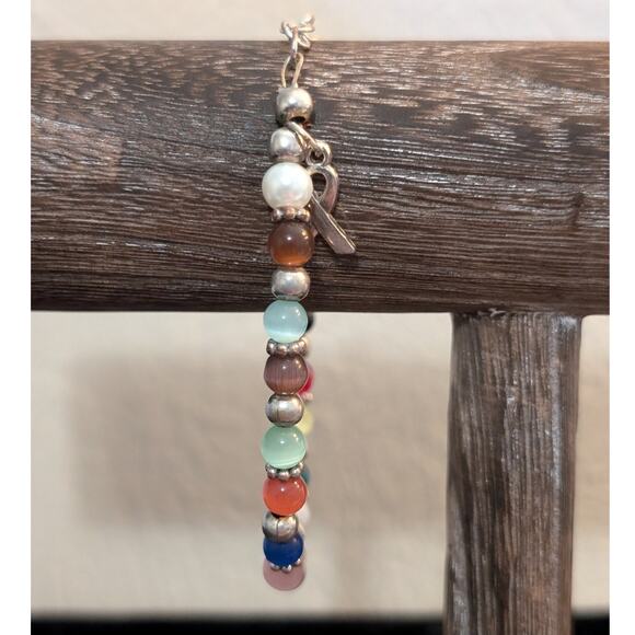 Silver Tone Multi-Color Cat Eye Bead Ribbon Charm 7"-8" Bracelet - Picture 1 of 6